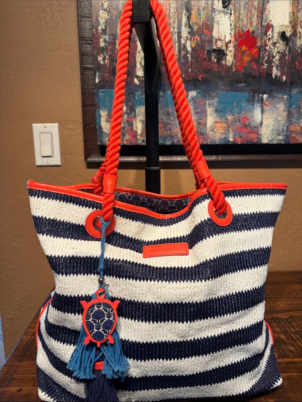 Vera Bradley Navy, White & Coral Coated Raffia Tote Like New!